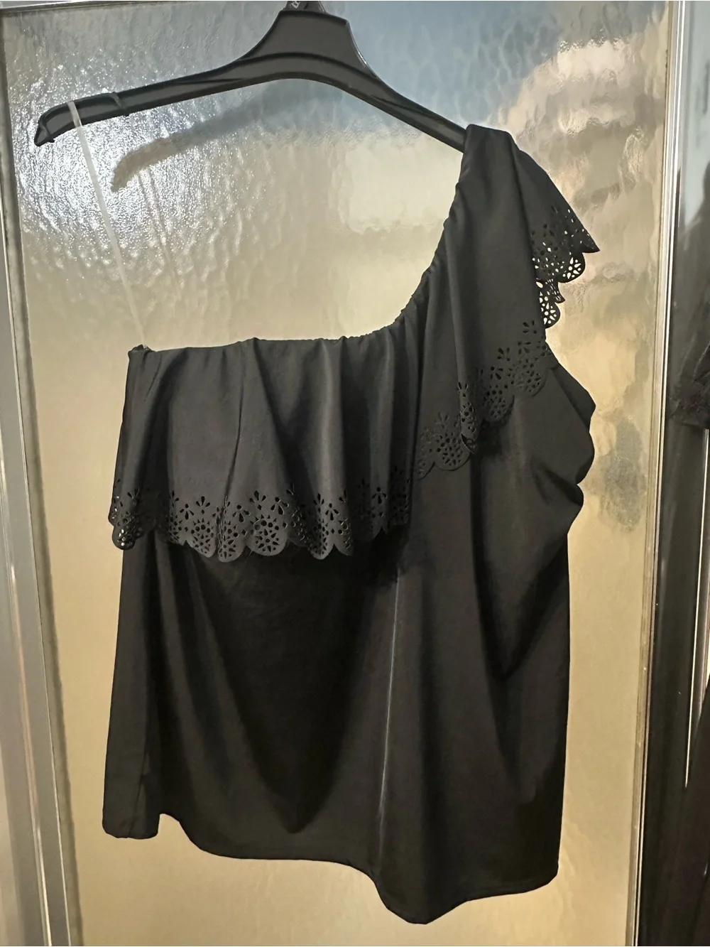 Cacique No-Wire Laser Cut One-Shoulder Ruffle Swim Tankini Top Plus Size 24